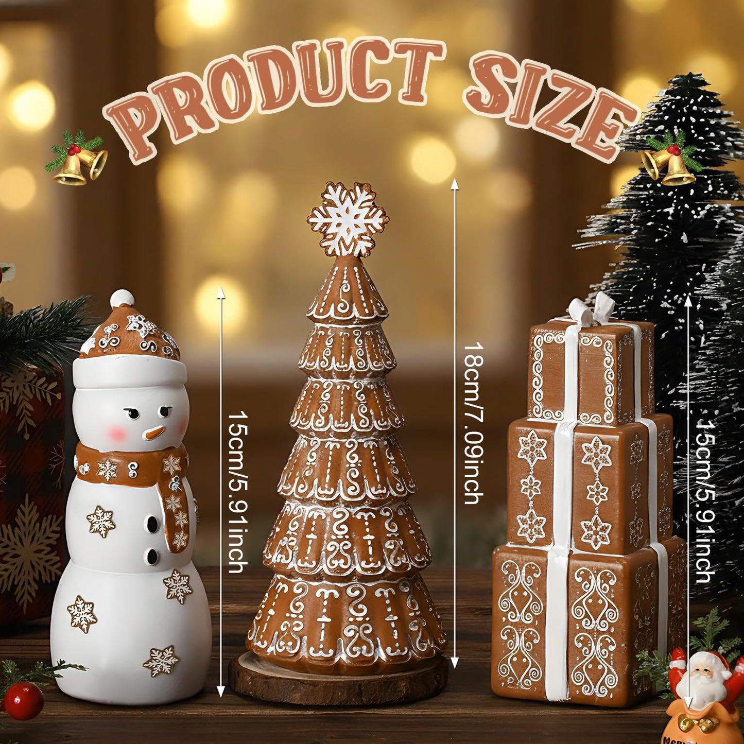 Kathfly 3 Pcs Christmas Winter Gingerbread Figurines Set Resin Snowman Gingerbread Tree Collectible Gift Table Centerpiece for Home Christmas Holiday Shelf Mantel Table Display