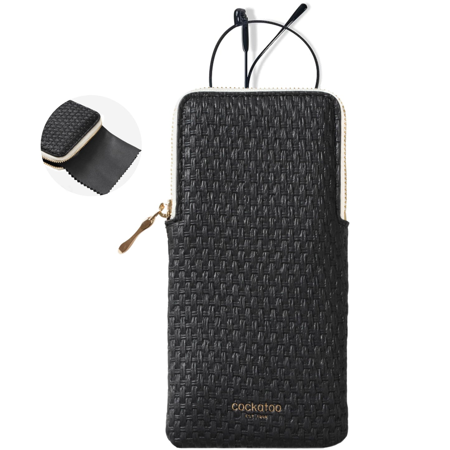 Cockatoo Portable Glasses Case, Drop-Resistant Eyewear Storage Pouch, Slim Soft Case for Sunglasses, with Cleaning Cloth (Black)