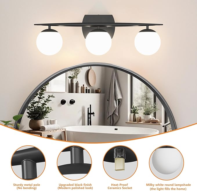 Black Bathroom Light Fixtures, 3-Light 25.1 Inch Modern Vanity Lights with Milky White Frosted Glass Shades, Wall Sconces for Bathroom, Bedroom, Living Room(G9 Bulb not Included)