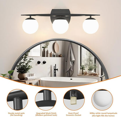 Black Bathroom Light Fixtures, 3-Light 25.1 Inch Modern Vanity Lights with Milky White Frosted Glass Shades, Wall Sconces for Bathroom, Bedroom, Living Room(G9 Bulb not Included)