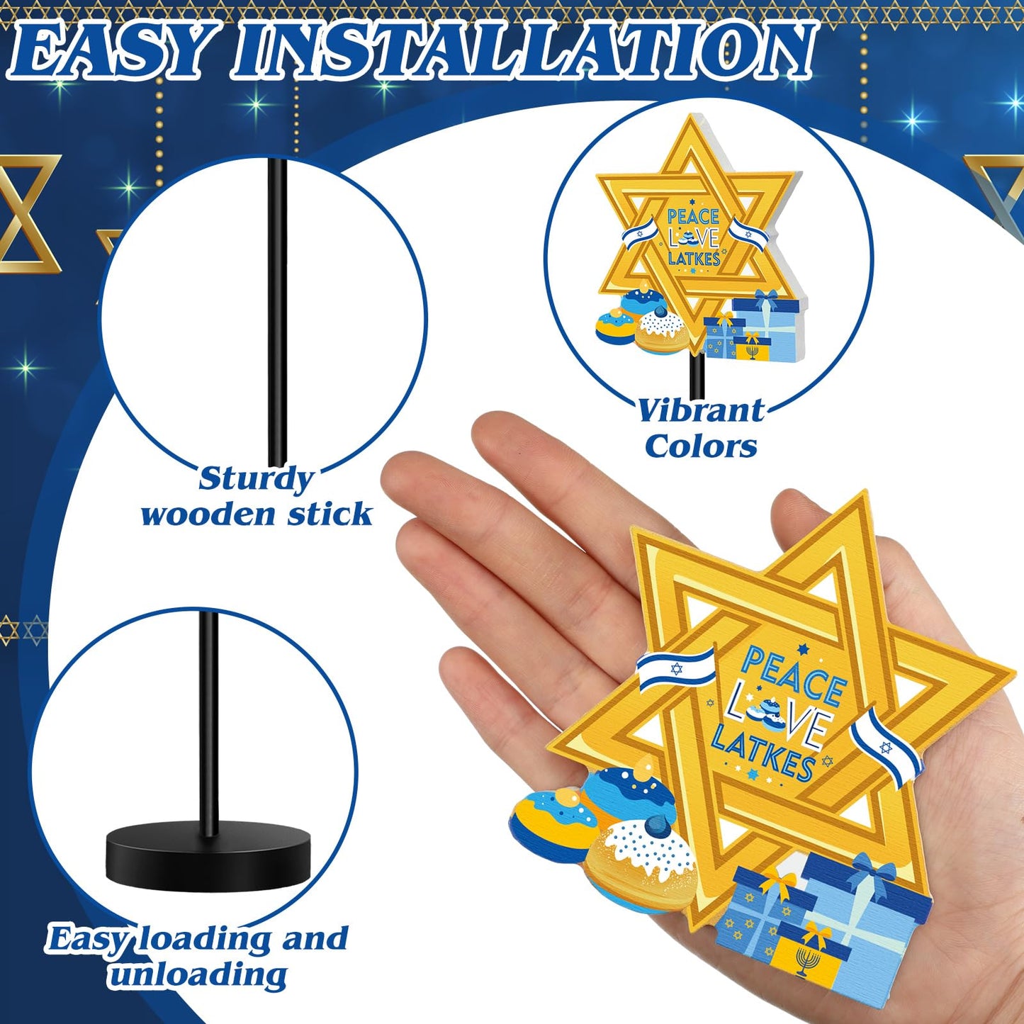 Shellwei 6 Pcs Hanukkah Table Decorations Decor Happy Hanukkah Wood Table Sign Chanukkah Party Decor for Home Indoor Centerpiece Menorah Dreidel Star of David (Fresh Style)