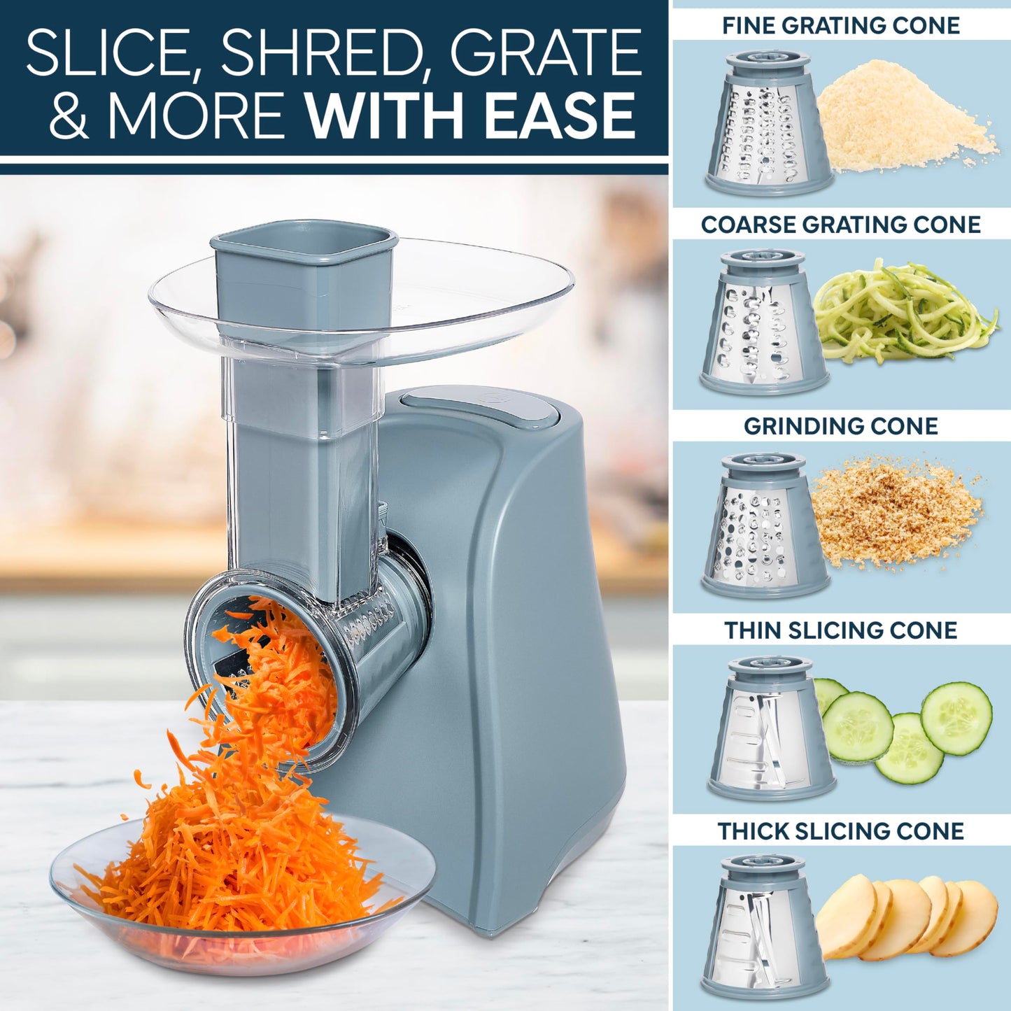 COOK WITH COLOR 5-in-1 Electric Slicer, 150W Food Prep Machine – Cheese Shredder, Fine & Coarse Graters, Potato Grater, Vegetable Slicer, Fruit, Salad Shooter, Compact Design For Bowl Prep, Blush