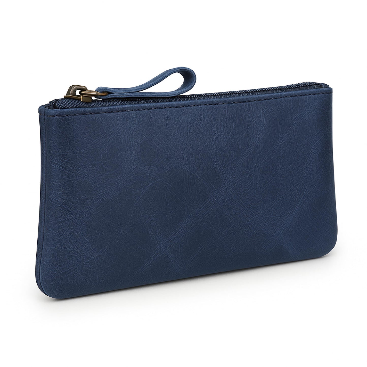 TheAntiq Blue Leather Pencil Pouch with Zipper - Slim Pen Holder (8" x 4" Inches), Coin Pouch & Cash Holder, Genuine Leather Pencil Case, Money Organizer, Multipurpose Accessory Case for Men & Women