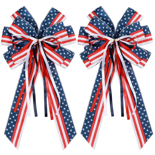 2 Pcs Patriotic Bows for Wreaths Decorations,Red White Blue Stripe String Stars Tree Topper Bow for 4th of July,Independence Day,Memorial Day,Veteran's Day,USA,American Front Door Indoor Outdoor Decor