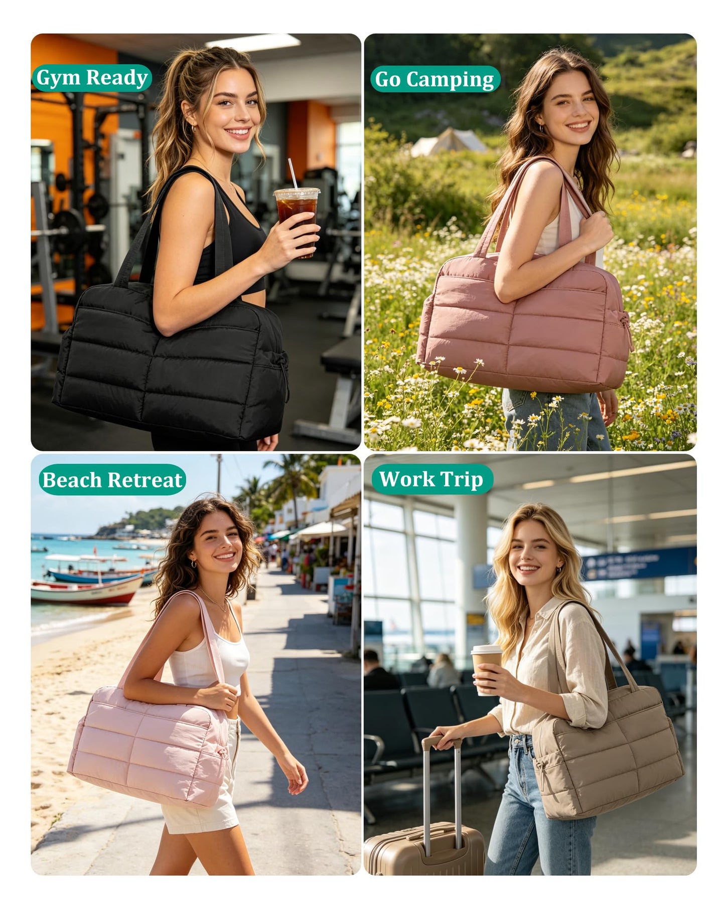 BAGSMART Gym Bag for Women, Lightweight Puffer Duffle Bag 2-PC Travel Bag, 31L Weekender Overnight Bag Quilted Carry On Tote Bag, Diaper Hospital Dance Bag for Travel, Gym, Water Resistant, Black