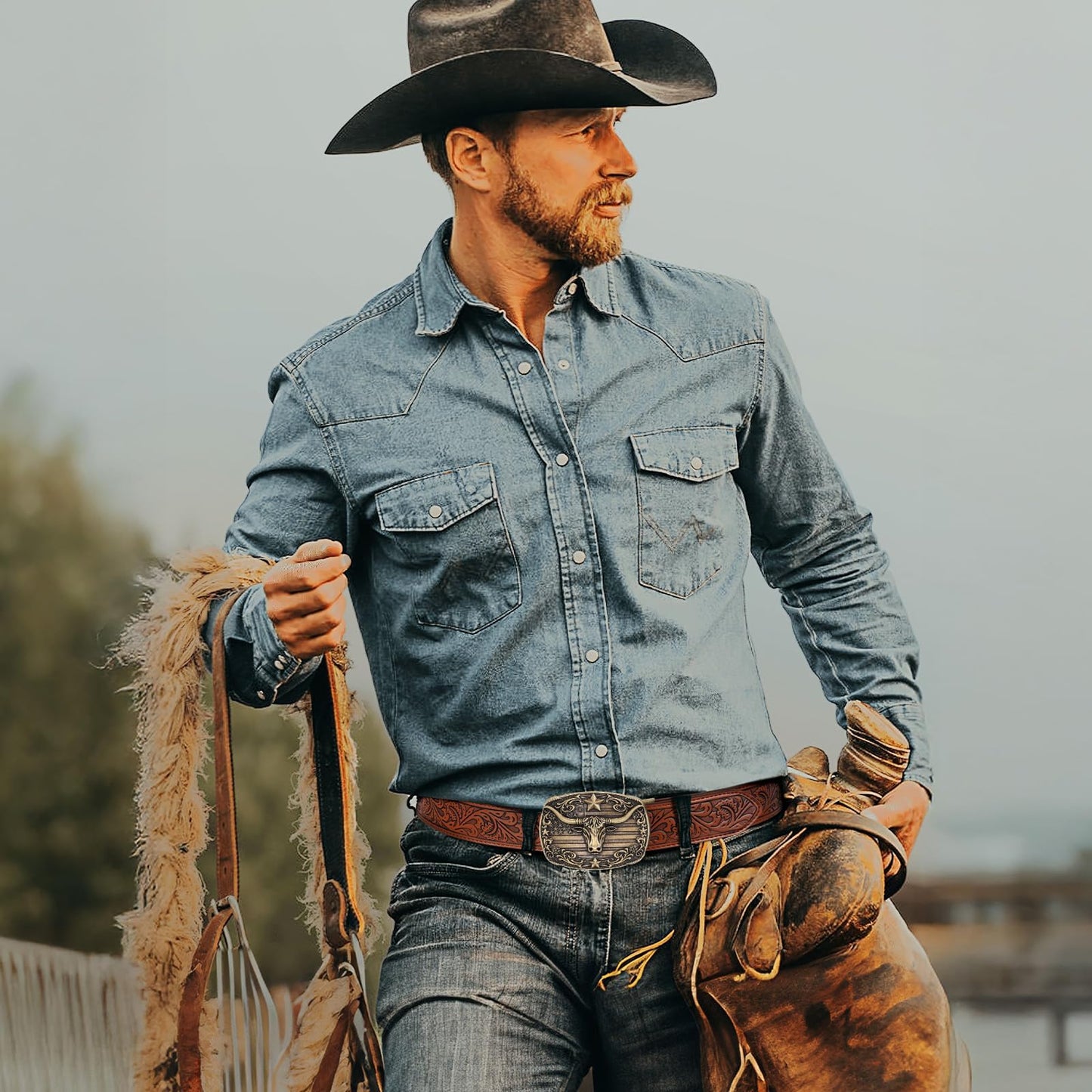 SANSTHS Western Cowboy Ratchet Belts for Men Women Leather Cowboy Belt with Automatic Western Buckle for Jeans Gifts, Golden Bull/Brown
