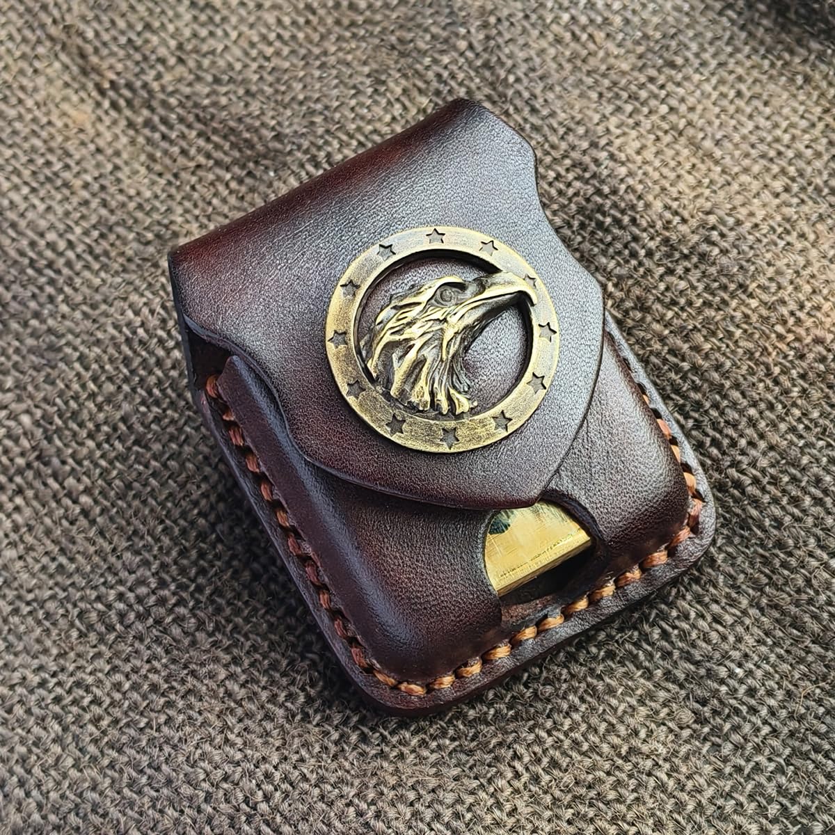 Gucaibu Leather Lighter Case, Dark Brown Western Style with Bronze Eagle Medallion, Handcrafted Holder