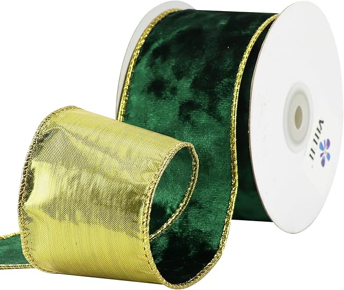 MEEDEE Crushed Green Velvet Ribbon with Gold Back 2.5 inch Double Sided Christmas Wired Ribbon 10 Yards for Christmas Tree Decoration, Baskets, Wreaths, Holiday Projects, Wedding Decor and Accents