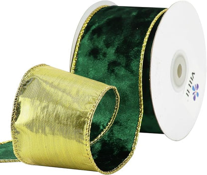 MEEDEE Crushed Green Velvet Ribbon with Gold Back 2.5 inch Double Sided Christmas Wired Ribbon 10 Yards for Christmas Tree Decoration, Baskets, Wreaths, Holiday Projects, Wedding Decor and Accents
