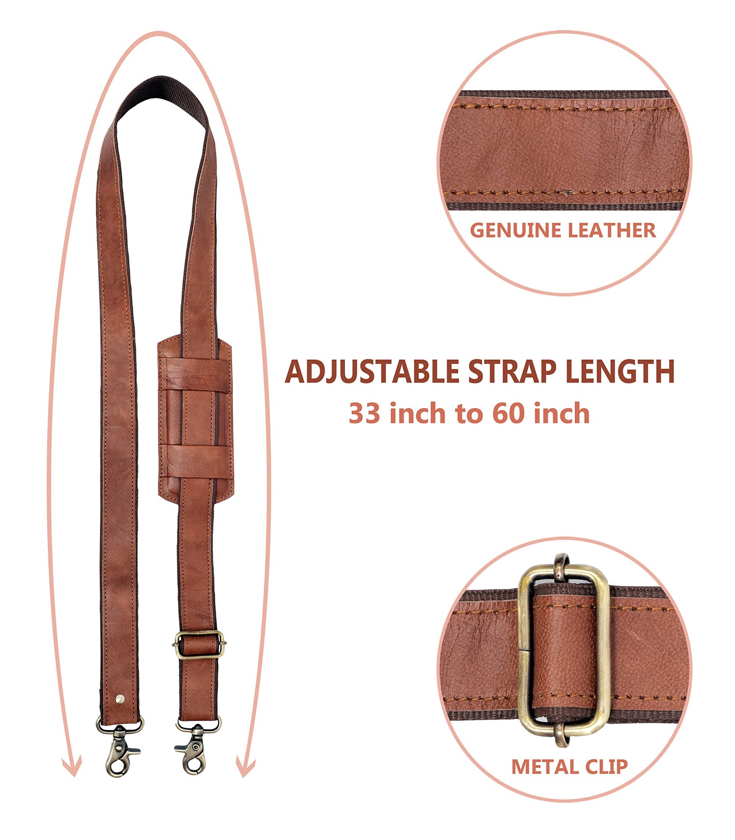 Adjustable 60-inch Real Leather Bag Replacement Shoulder Strap Comfort Fit Padded with Metal Swivel Hooks for Crossbody Purses, Laptop Messenger Bags, Handbags and Duffle Luggage Straps (Brown)
