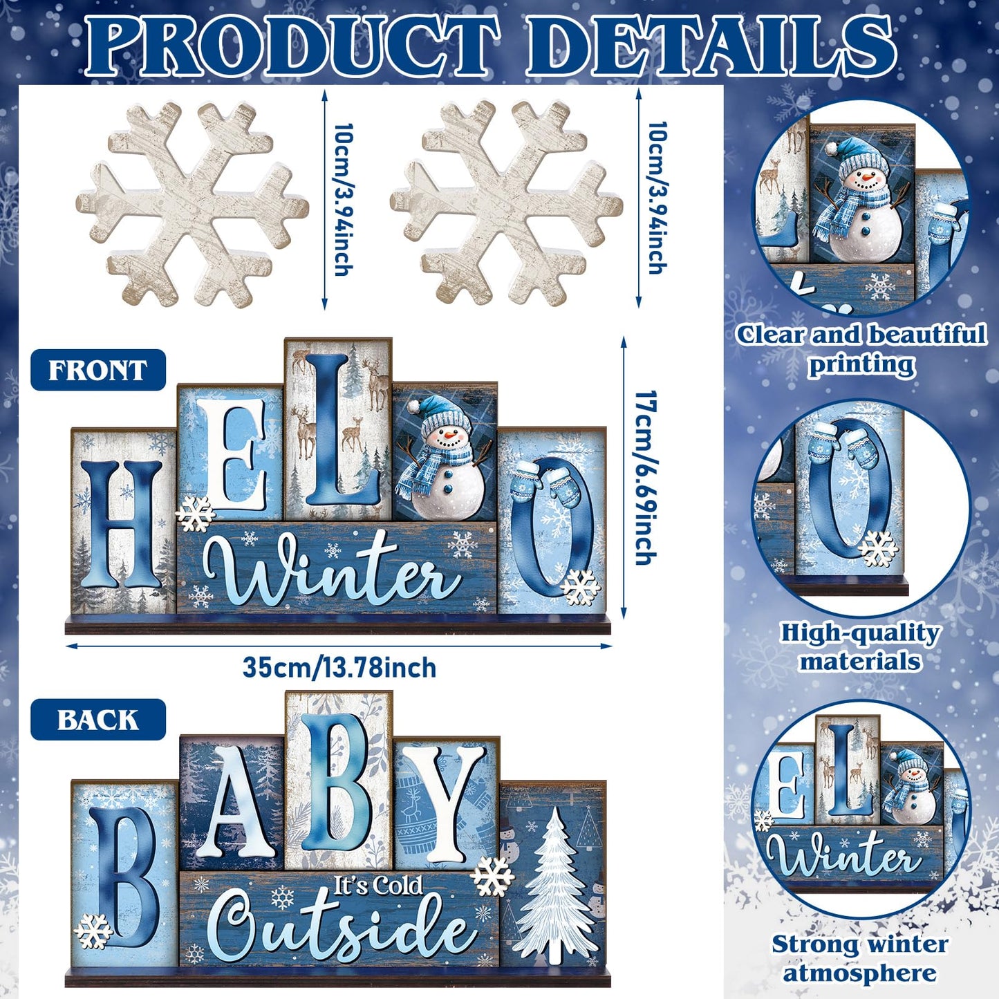 Thyle 3 Pcs Winter Wooden Table Decor Reversible Hello Winter Baby It's Cold Outside Centerpiece Blue and White Tray Decor Double Side Snowflake Blocks Sign for Farmhouse Tabletop Home Office Shelf
