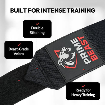Prime Beast Hybrid Elbow Wraps for Weightlifting, Compression Sleeve and Adjustable Wrap Support for Bench Press, Powerlifting, and Gym Training (1 Pair) (Black, Small)
