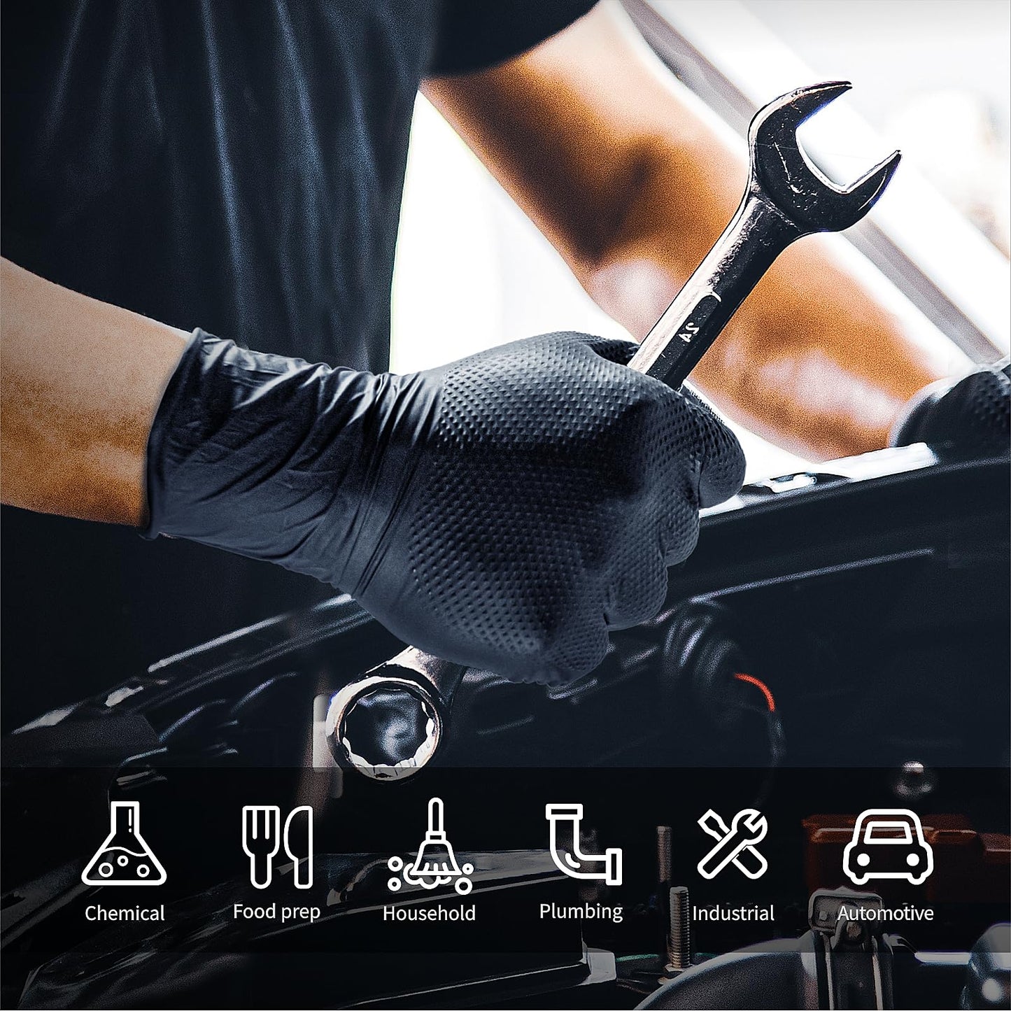 ANBOSON 10mil Nitrile-Gloves Disposable-Black Chemical-Resistant Rubber - Mechanic Gloves Heavy Duty, Latex Free, Diamond Grip (100, Large)