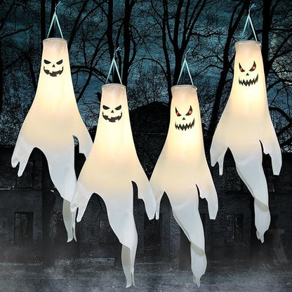 Halloween-Decorations-Outdoor Hanging-Ghost Windsocks for Trees with Timer, LED Ghosts to Hang in Tree Porch Yard, Waterproof, Timer, 4 Pcs (No Batteries)