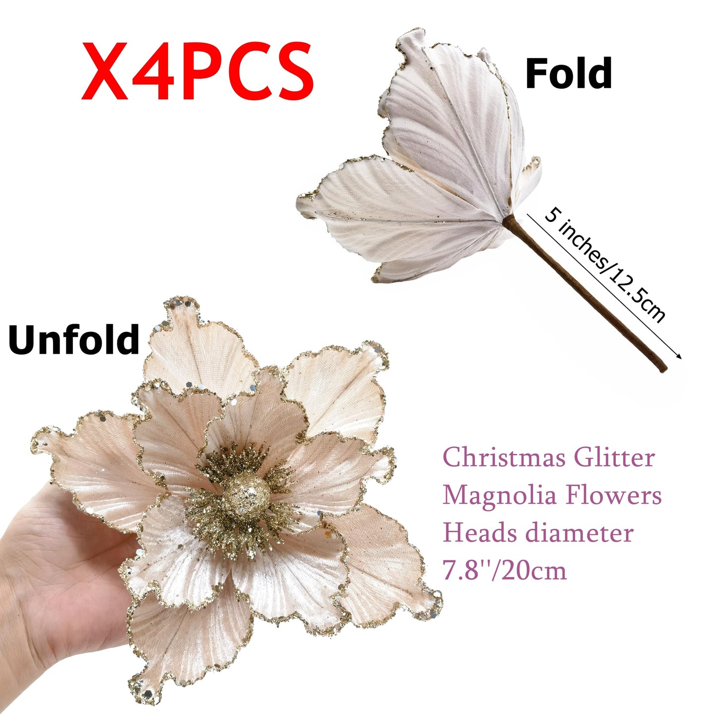 M2cbridge Artificial Christmas Magnolia Flowers Red Velvet Poinsettia Floral Picks for Christmas Wreath Tree Ornaments (4pcs Champagne Magnolia)