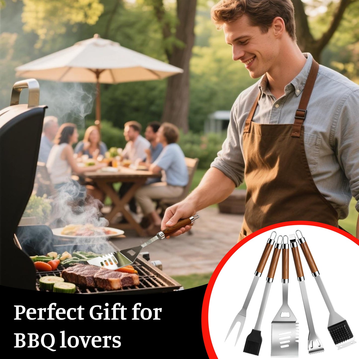 KOBENDA BBQ Grill Accessories, Stainless Steel Grilling Set with Storage Bag, Spatula, Fork, Cleaning Brush BBQ Accessories, Grill Tools Set for Outdoor Cooking Camping, Grilling Gifts for Men