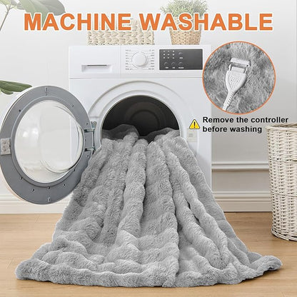 Heated Blanket Electric Throw Blanket 84''X 90''-Heating Blanket with 6 Heat Settings-10 Hours Auto Off,Cozy Faux Rabbit Fur Bubble Electric Blanket,Light Gray