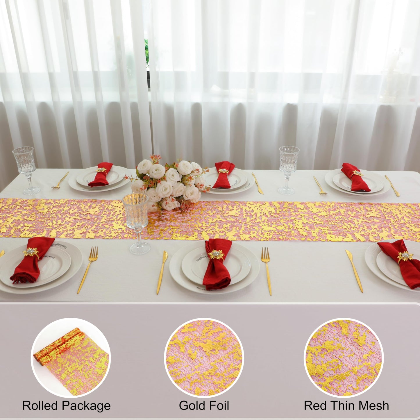 Snowkingdom 2Pcs Gold Table Runner, 11×108 Inch Red and Gold Sequin Glitter Foil Metallic Thin Mesh Table Runner, Sparkle Centerpiece for Wedding Party Birthday Holiday Kitchen Dinner Decoration