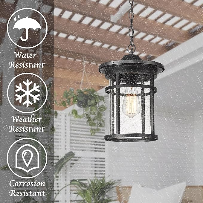 Bestshared Outdoor Pendant Lighting, 1-Light Outdoor Hanging Lantern Light Fixtures for Porch, Farmhouse Style Exterior Porch Lights with Seeded Glass