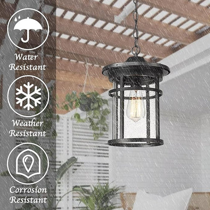 Bestshared Outdoor Pendant Lighting, 1-Light Outdoor Hanging Lantern Light Fixtures for Porch, Farmhouse Style Exterior Porch Lights with Seeded Glass