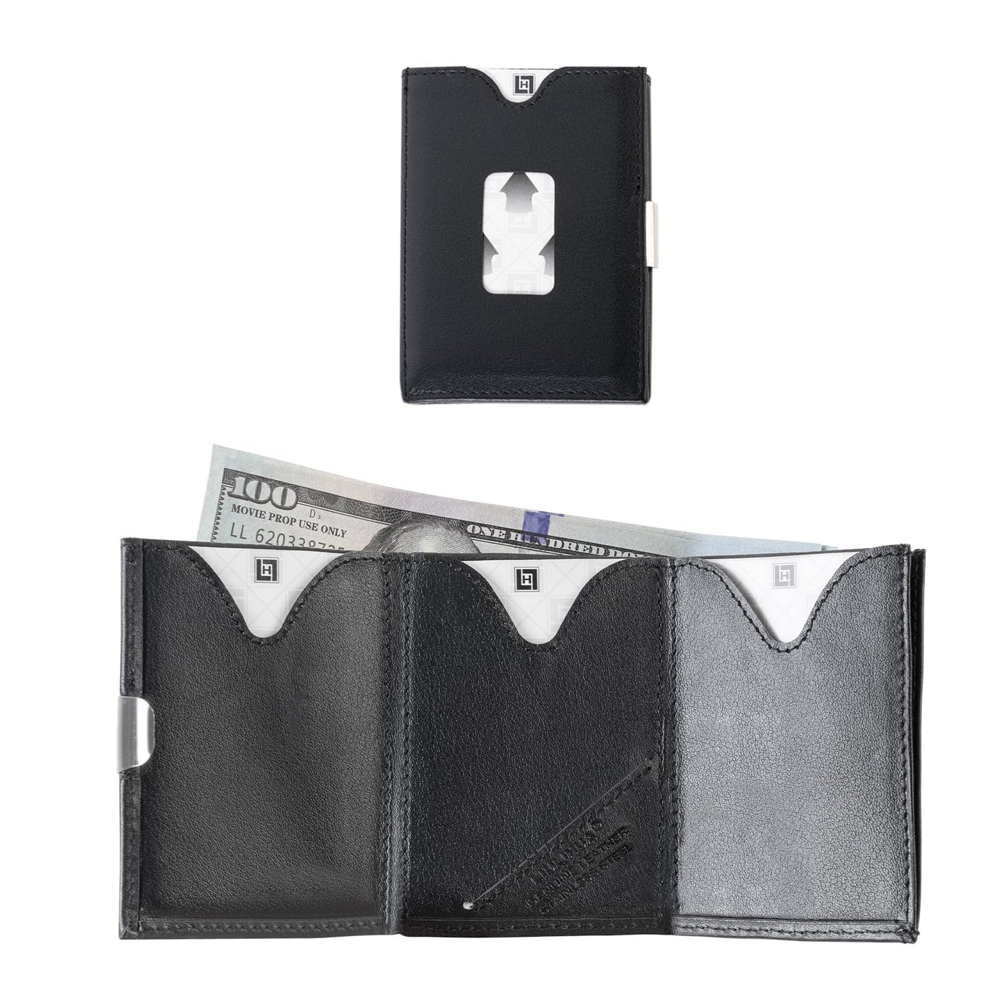 LIULIHUA LLH Leather Trifold Wallet - RFID Blocking with Stainless Steel Locking Clip Wallet, Minimalist Front Pocket RFID Blocking Credit Card Holder (black)
