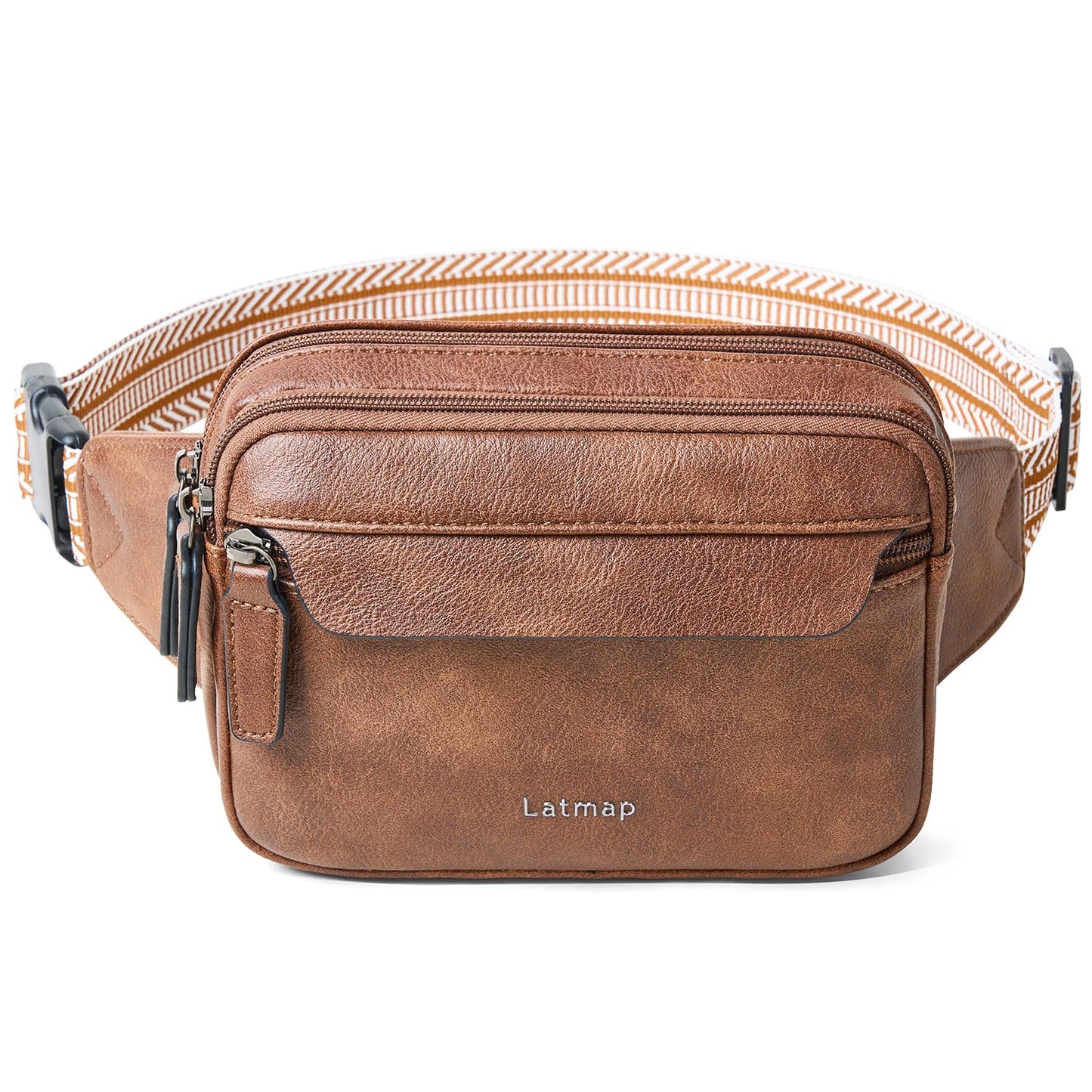 LATMAP 3L Fanny Packs for Women Cross Body Bag Vegan Leather Chest Belt Bag Fashion Waist Pack Small Bum Bag Crossbody for Travel Running Workout, Brown