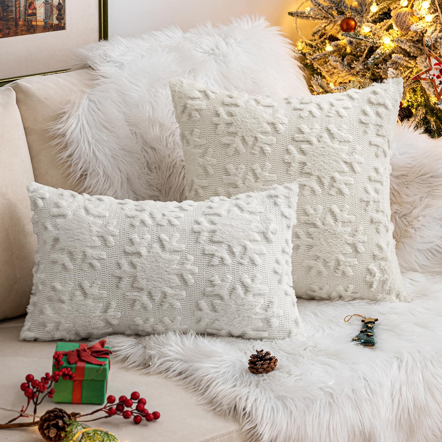 MIULEE Christmas Snowflake Decorative Throw Pillow Covers Set of 2,Soft Fluffy Faux Wool Winter Holiday Couch Pillows for Farmhouse Boho Home Decor Sofa Bed Porch Living Room 16x16 Inch Pure White