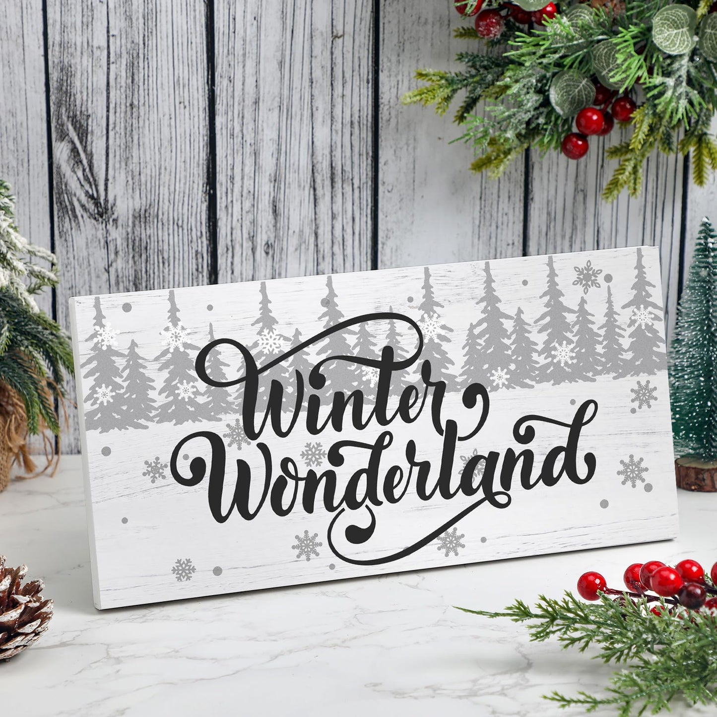 Yousoontic Winter Wonderland Wood Box Sign Plaque White Farmhouse Winter Wooden Christmas Decor Table Decor 12 x 6 Inch Rustic Christmas Tree Block Sign for Holiday Table Home House Kitchen