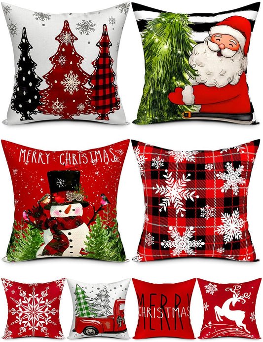 Double-Sided Print Christmas Pillow Covers 20''x20'', Set of 4, 8 Christmas Patterns Christmas Tree, Snowman, Snowflakes, Merry Christmas, Deer, Santa Claus,Truck, Let It Snow, Soft Linen Material