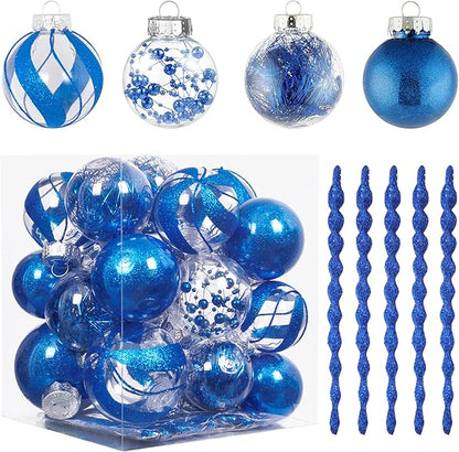 XmasExp 32ct Christmas Ball Ornaments Set -Blue Clear Plastic Shatterproof Xmas Tree Ball Decorations Hanging Baubles for Holiday Decor