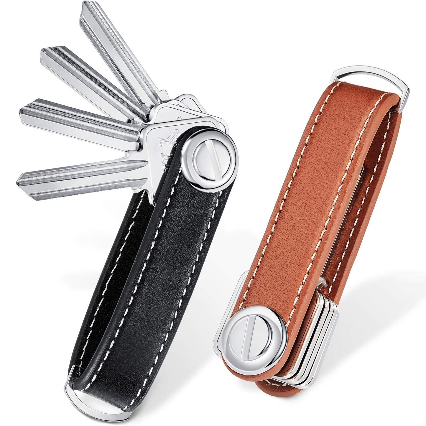 2 Sets Leather Key Organizer Compact Folding Pocket Key Holder up to 16 for Mens Father's Day Gift(Black, Brown)
