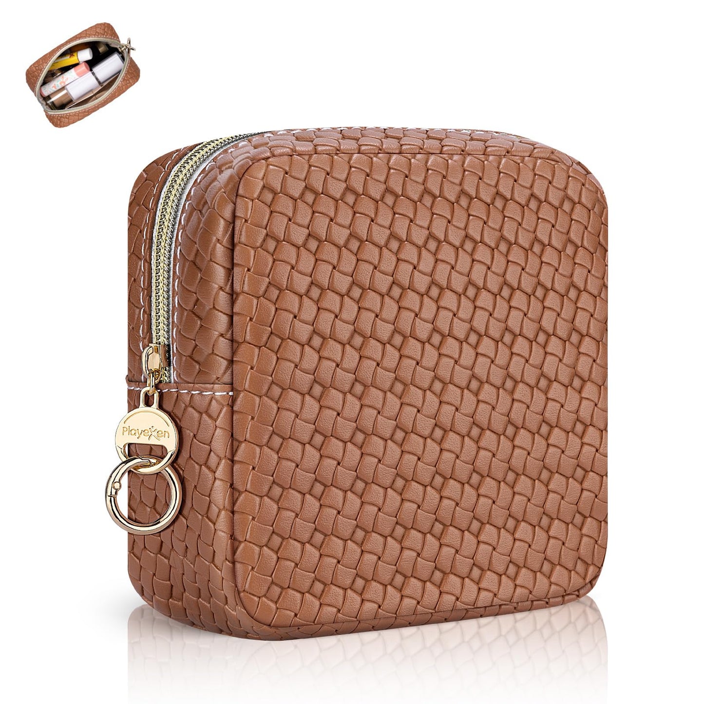 Playexen 5.5" Small Makeup Bag for Purse, PU Leather Mini Cosmetics Bag with Ring Buckle, Portable Small Travel Makeup Pouch for Women, Birthday/Wedding/Christmas Gifts (Brown)