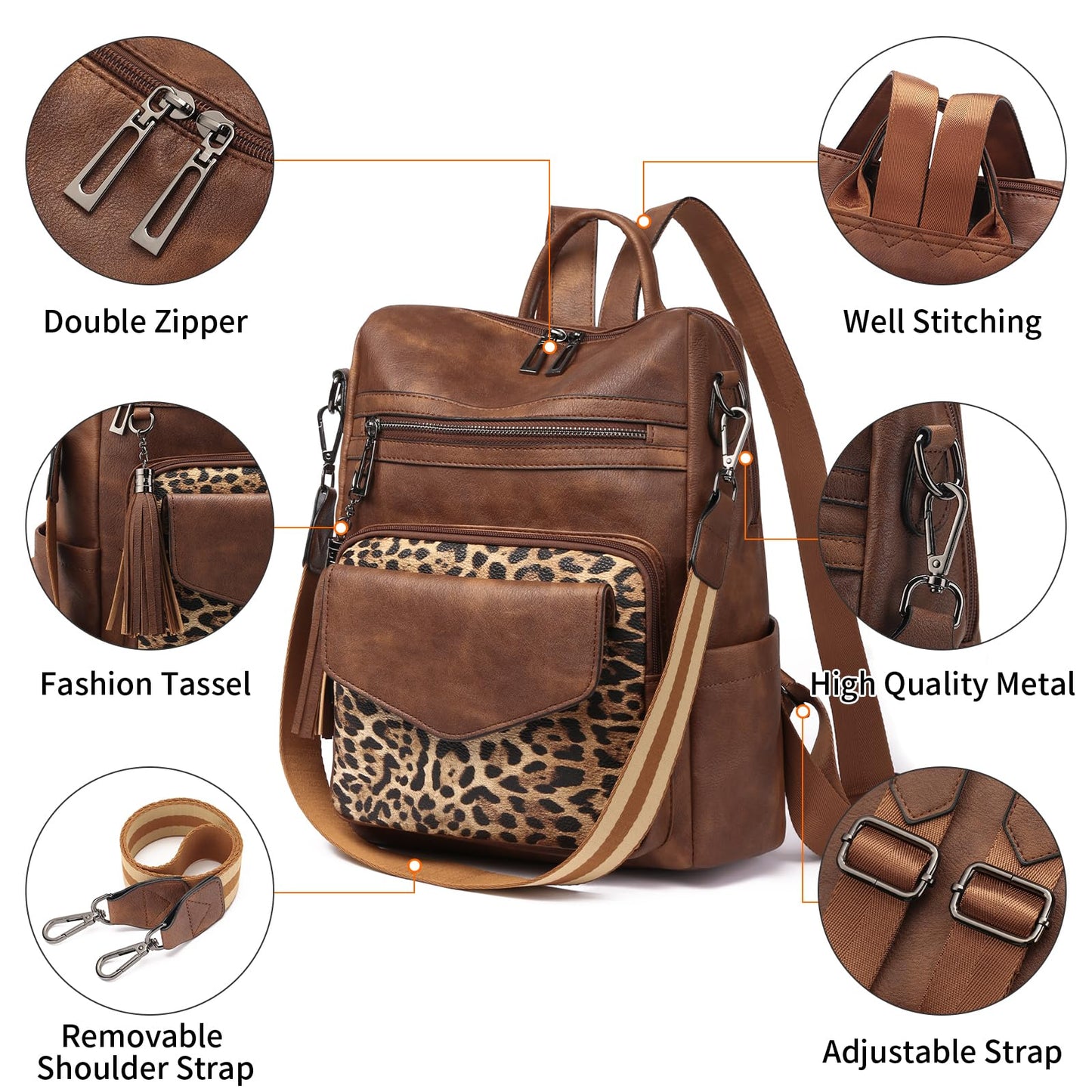 GAEKEAO Backpack Purse for Women Fashion Leather Designer Travel Backpack Purses Convertible Shoulder Bag with Wristlet (Brown With Leopard)