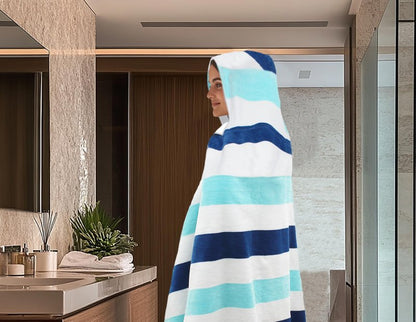COTTON CRAFT Hooded Beach Towel - Oversized XXL 35x84 Towel with Hood for Adults - The Big Kahuna 7 Foot Beach Blanket Towel - Big & Tall Soft 100% Cotton Velour - Pool Bath Wrap - Cabana Stripe Blue