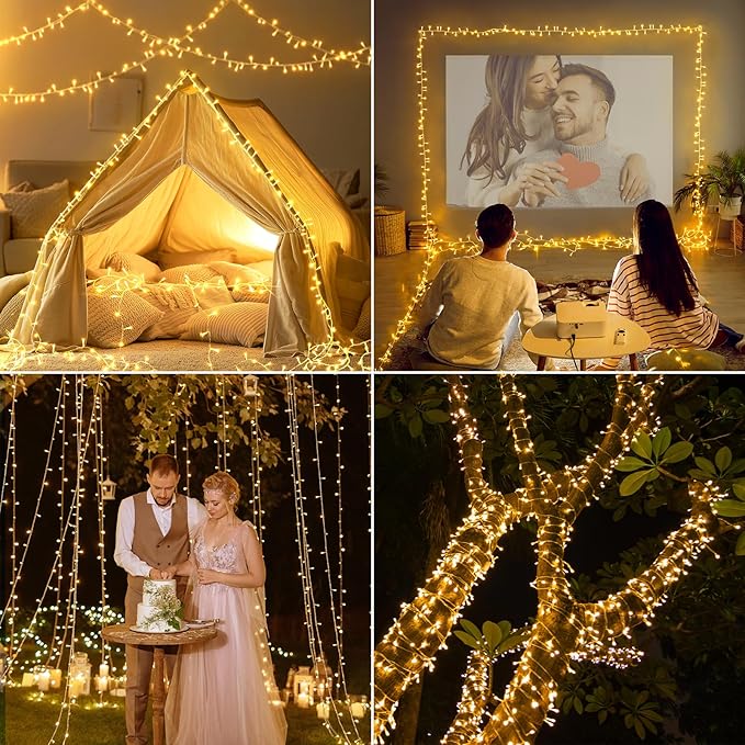2 Pack 33Ft 200 LED String Light Battery Powered, Outdoor Waterproof Warm White String Lights with Remote, Dimmable Twinkle Lights for Bedroom Wedding Party Classroom Tree Christmas Decoration