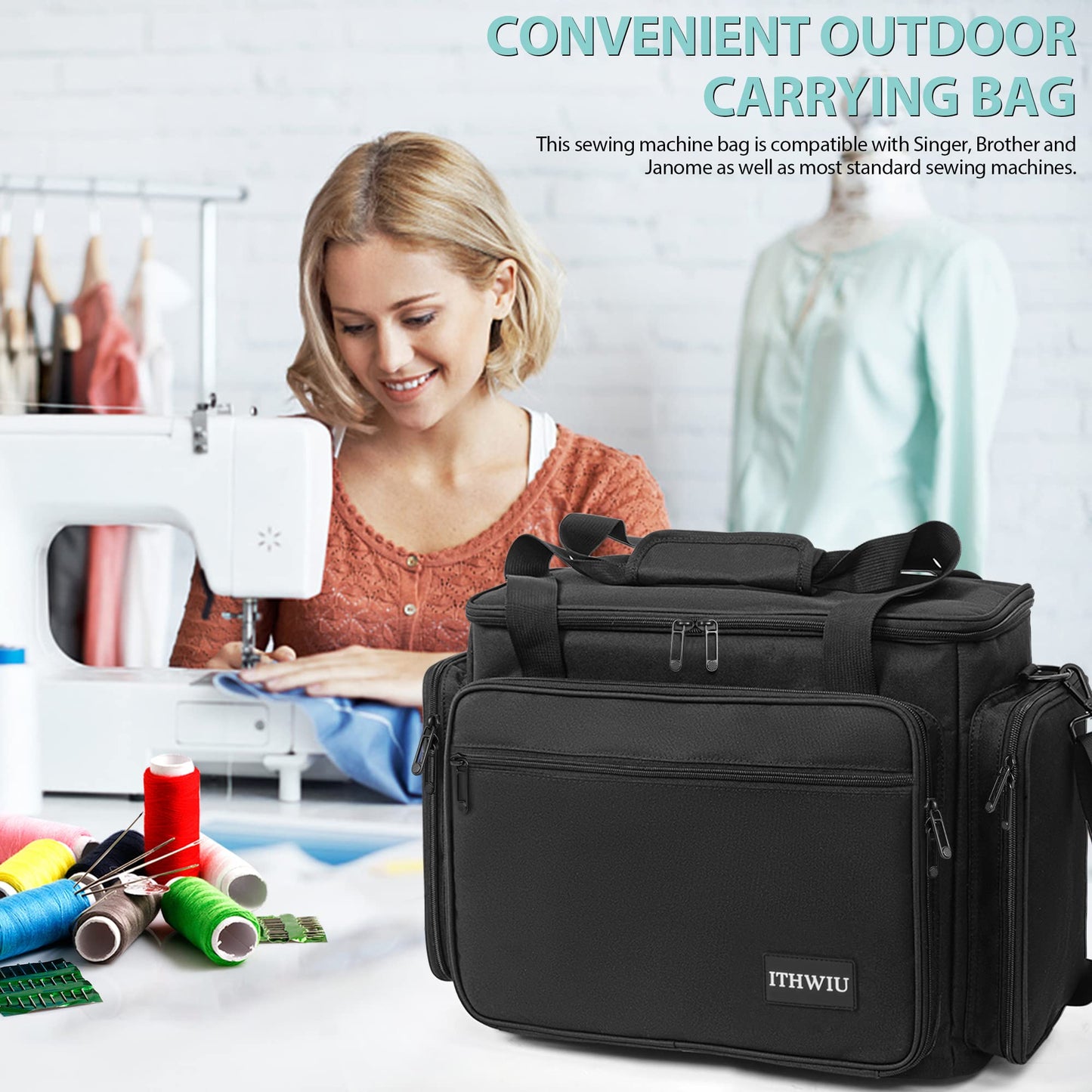 ITHWIU Sewing Machine Carrying Case with Multiple Storage Pockets Large Capacity, Universal Tote Storage Bag Compatible with Most Standard Singer, Brother, Janome