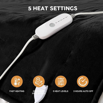 HYLEORY Heated Electric Blanket Queen 84"x90" Soft Fleece & Flannel with 5 Heating Levels & 10 Hours Timer Auto Shutt Off, ETL Certified, Washable，Heated Blanket for Body-Black