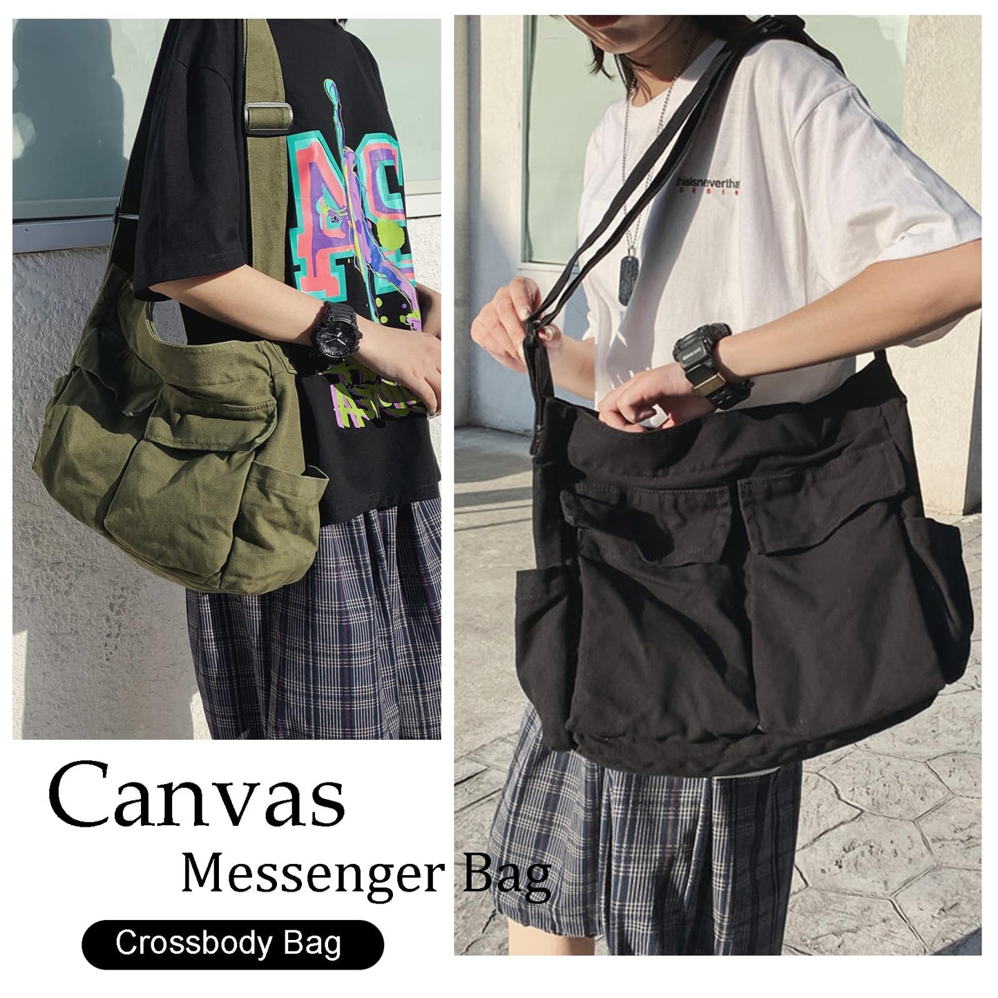 KlaOYer Canvas Messenger Bag Large Hobo Bag Crossbody Shoulder Bag Tote Bag with Pocket for Women and Men (Green)