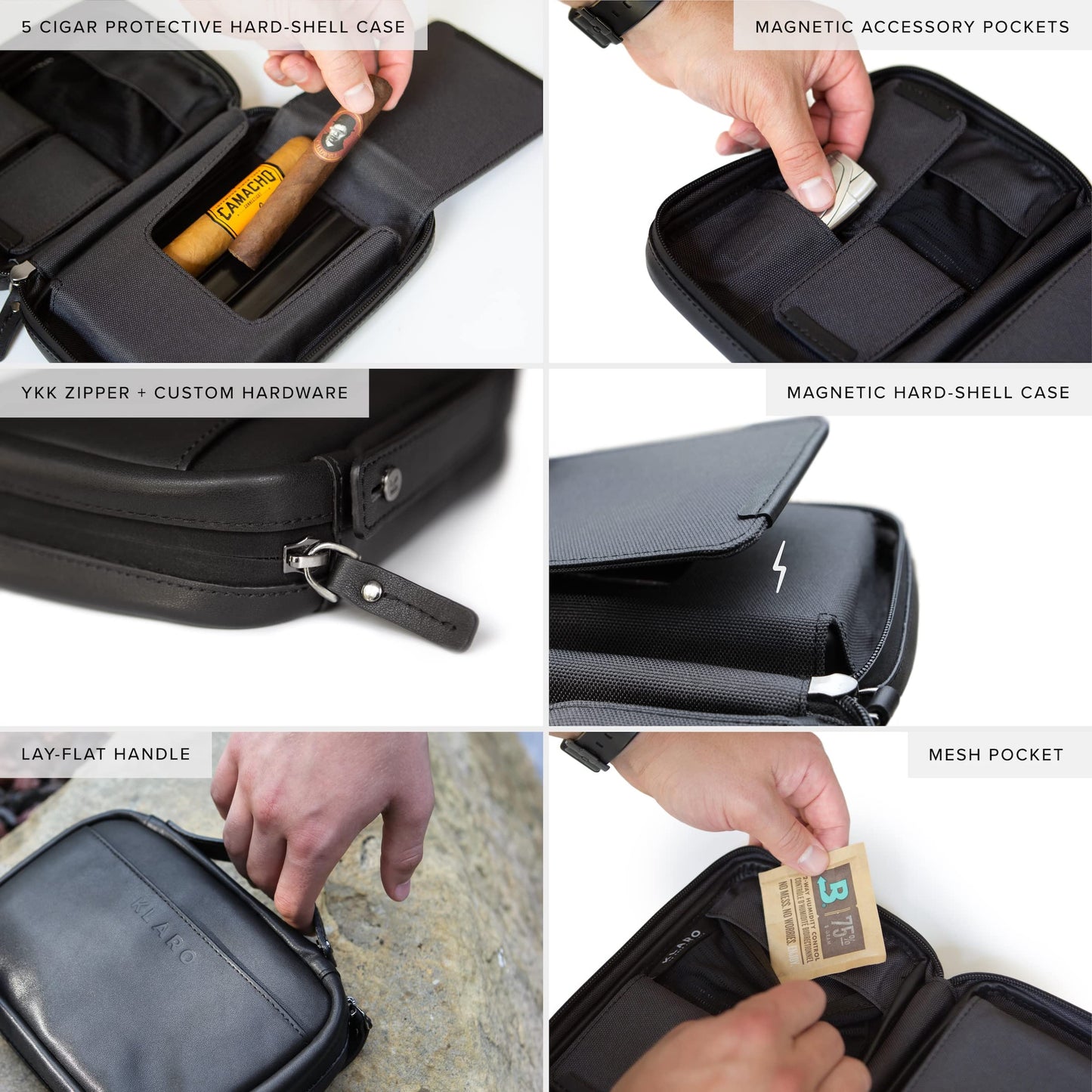 CASE ELEGANCE Klaro Travel Leather Cigar Case, 5 Cigar Storage, 2 Accessory Pockets, Humidification Pocket, Internal Hard-Shell Protection - Black