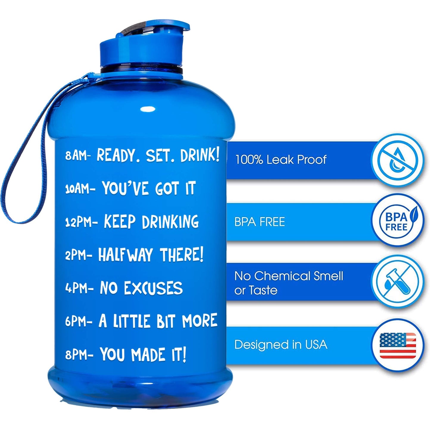 NatureWorks HydroMATE Half Gallon Water Bottle with Times to Drink BPA Free Leak Proof Reusable Jug with Handle 64 oz