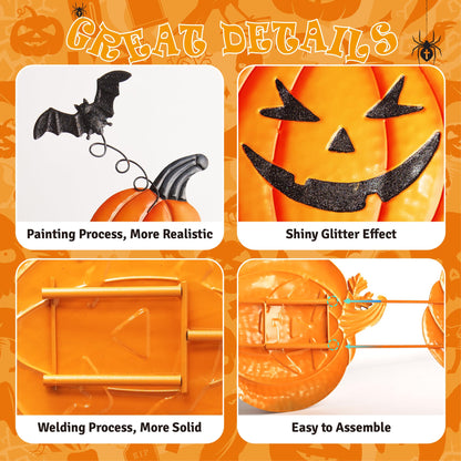 CAMATET Halloween Metal Pumpkin Yard Stakes, Stackable Pumpkin Signs Garden Stake with Witch Door Hanging, Outdoor Halloween Decorations for Lawn Party (Set of 3, Style B)