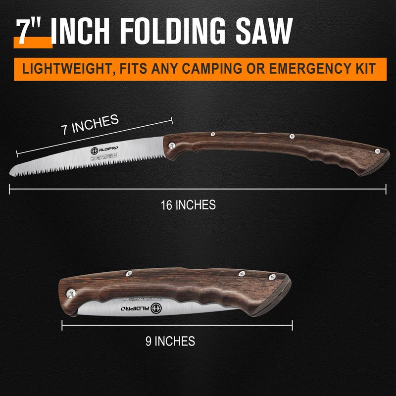 ALDIPRO 7" Folding Hand Saw with Genuine Wenge Wood Handle & Premium Brown Leather Sheath, Heavy Duty SK5 High Carbon Steel Pruning Saw for Bushcraft, Survival Gear, Camping & Tree Trimming, Gift