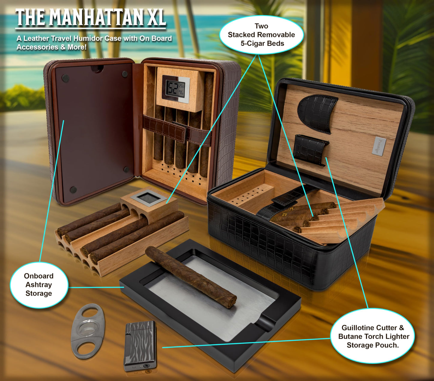 Prestige Import Group Manhattan XL Travel Cigar Humidor Case Set (Hygrometer, Ashtray, Cutter, Lighter, Humidifier) - Brown