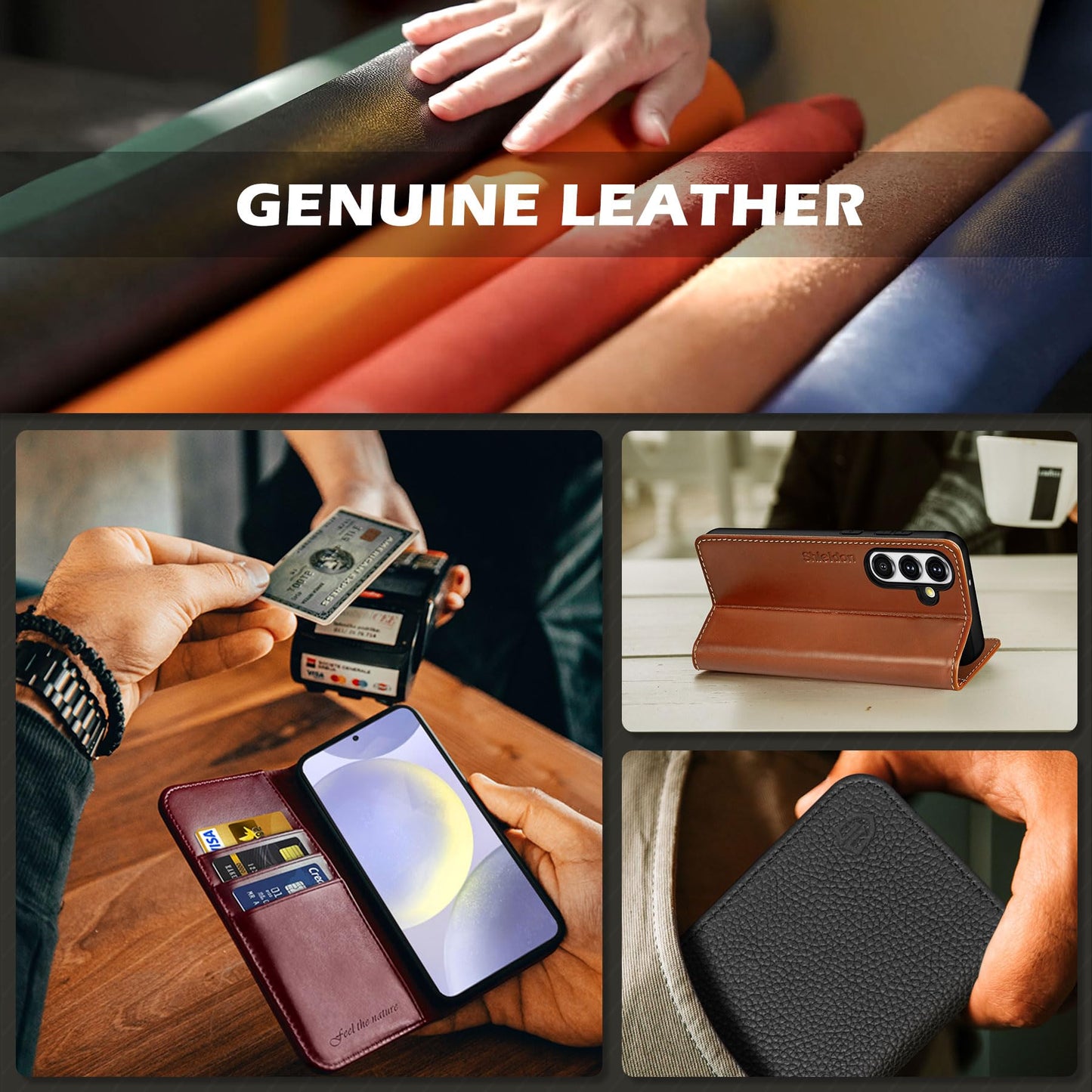 SHIELDON Genuine Leather Wallet Case for Galaxy S25 6.2" 2025, Retro Brown