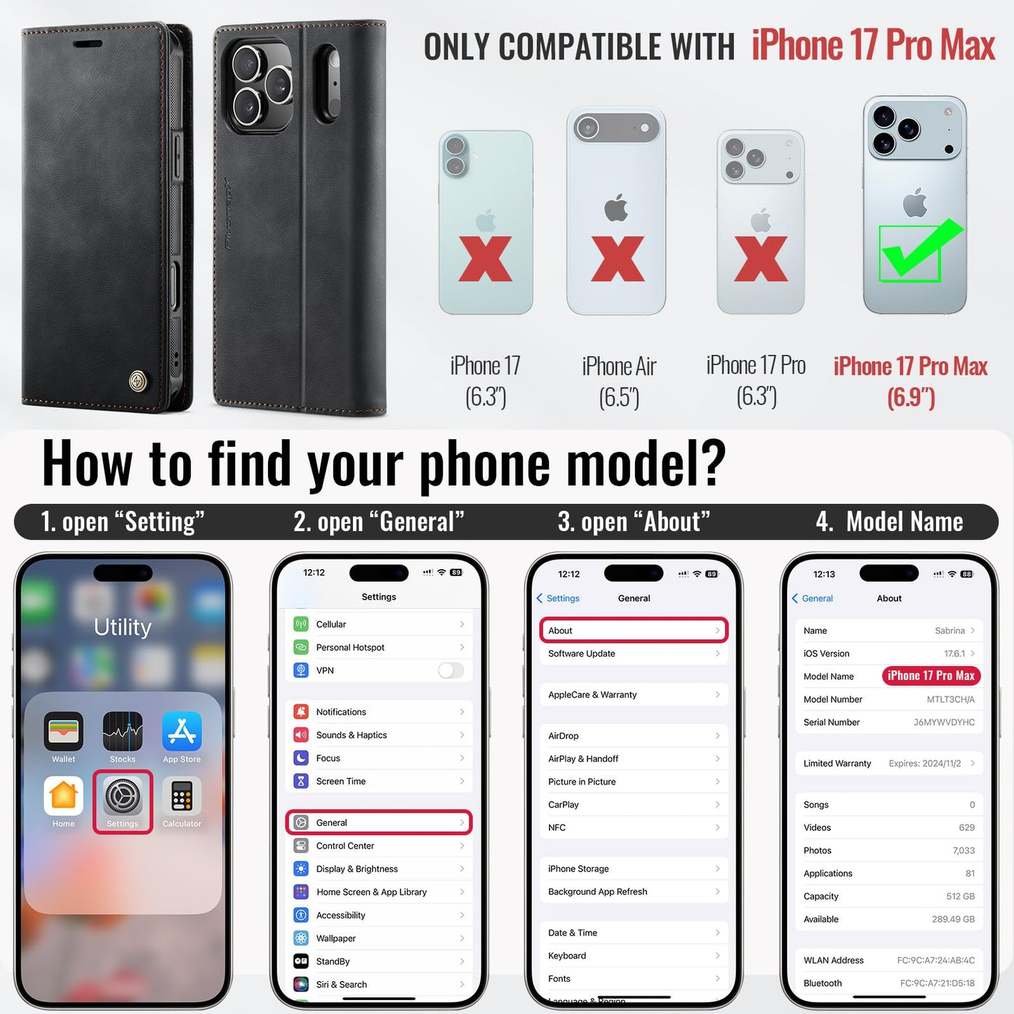 PlusnapX Wallet Case for iPhone 17 Pro Max Compatible with Magsafe, 2-in-1 PU Leather Flip RFID Blocking Card Holder Stand Shockproof Magnetic Detachable Cover for iPhone 17 Pro Max Case 6.9", Black
