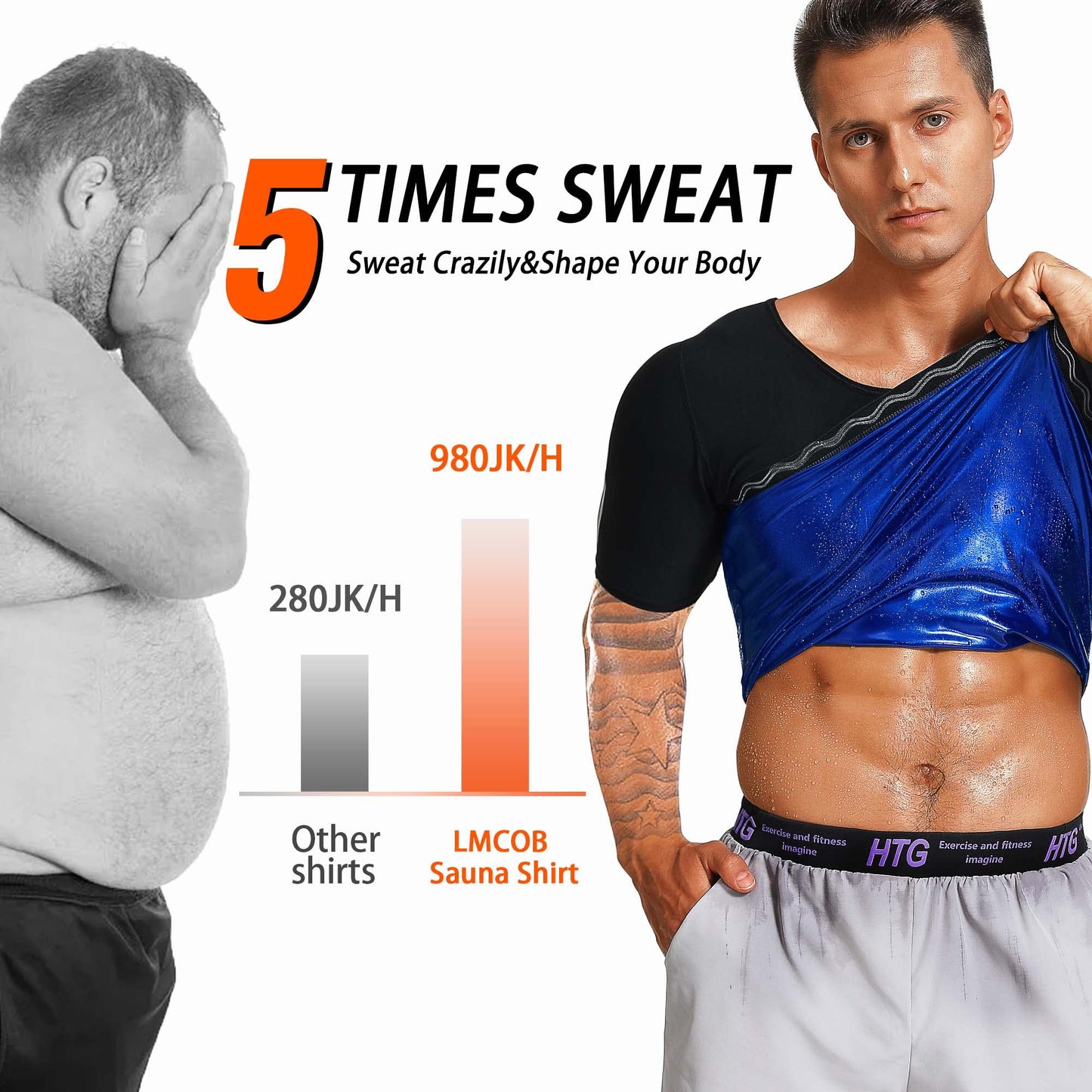 LMCOB Sauna Shirt for Men Sauna Sweat Vest Workout Heat Trapping Compression Shirt Weight Loss Mens Sauna Suits Shirt with Relective Tape(LYBH60041-01-M)