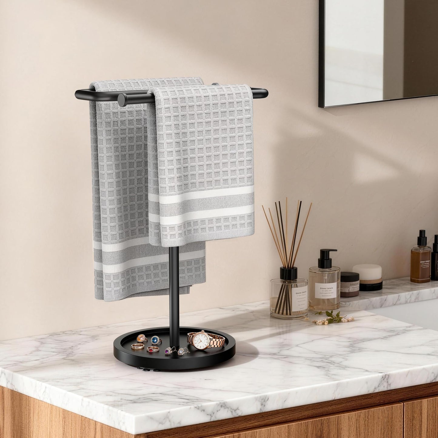 Aetyord Z-Shape Countertop Towel Holder - Height Adjustable for Bathroom/Kitchen/RV | Rustproof Metal & Wood Base Black