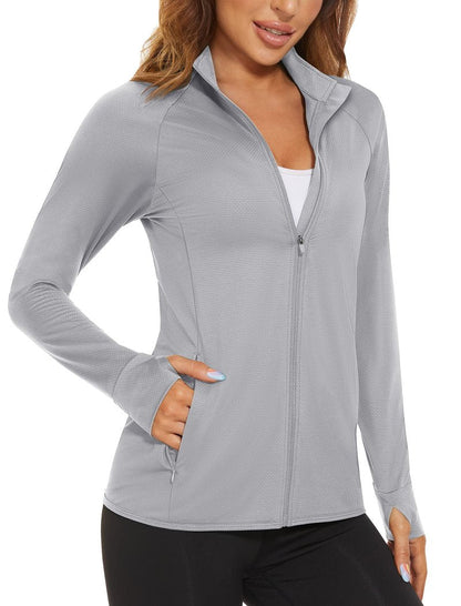MAGCOMSEN Lightweight Jacket for Women UV Protection Long Sleeve Shirts Quick Dry Running Hiking Shirts Light Grey L
