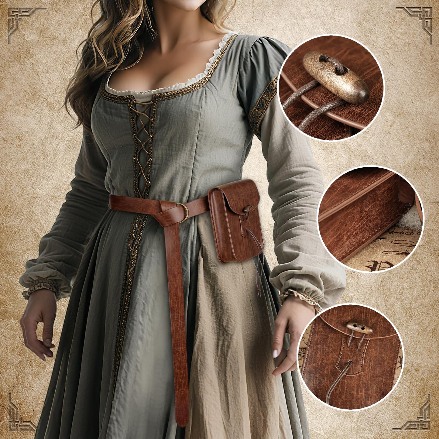 EpicCos Renaissance Belt Pouch, Medieval Pirate Cosplay Accessories for LARP, Vintage Leather Waist Bag with Ren Faire Belt (Brown)