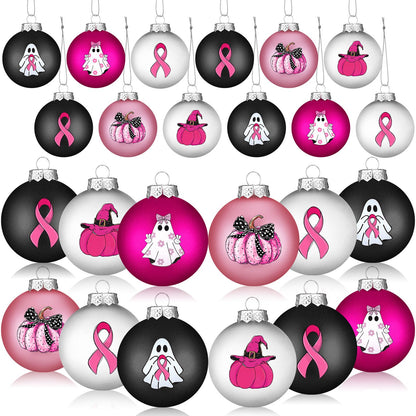 Arrowbash 12 Pcs Breast Cancer Halloween Ornaments 2.4 Inch Pink Ghost Ribbon Ball Decoration October Pink Pumpkin Bulb Ornaments Breast Cancer Awareness Halloween Decoration for Tree Home Party Decor